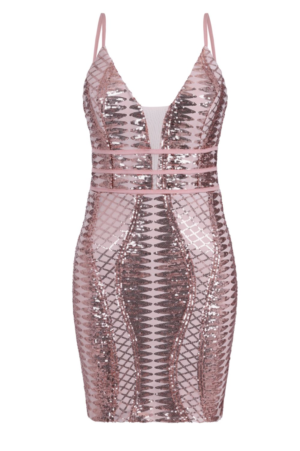 Limelight Rose Gold Nude Plunge Cage Sequin Bandage Illusion Mini Dress