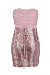 Tie Me Up Rose Gold Bandeau Cage Sequin Bandage Illusion Lace Up Dress