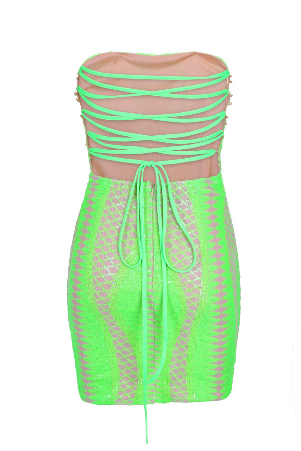 Tie Me Up Neon Green Bandeau Cage Sequin Bandage Illusion Lace Up Dress