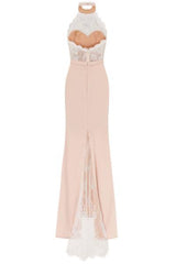 Cleo Luxe Nude Halterneck Diamante Lace Fishtail Maxi Dress