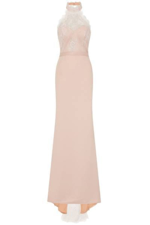 Cleo Luxe Nude Halterneck Diamante Lace Fishtail Maxi Dress