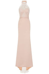 Cleo Luxe Nude Halterneck Diamante Lace Fishtail Maxi Dress