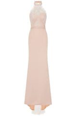 Cleo Luxe Nude Halterneck Diamante Lace Fishtail Maxi Dress