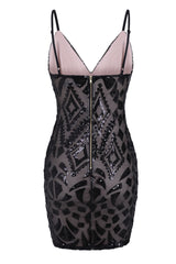 Eye Candy Black Nude Plunge Sequin Lace Up Thigh Mini Dress