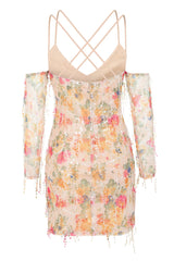 Pretty Please Floral Tassel Fringe Sequin Cold Shoulder Dress