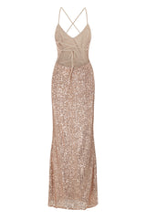 Big Dreams Rose Gold Tie Back Sequin Plunge Slit Maxi Dress