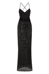 Big Dreams Black Tie Back Sequin Plunge Slit Maxi Dress