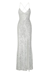 Big Dreams Silver Tie Back Sequin Plunge Slit Maxi Dress