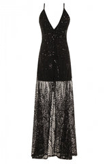 Daphne Black Sheer Luxe Sequin Slit Maxi Dress