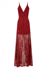 Daphne Burgundy Sheer Luxe Sequin Slit Maxi Dress