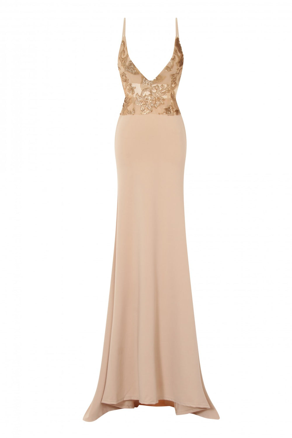 Shayla Nude Slinky Backless Fishtail Maxi Dress