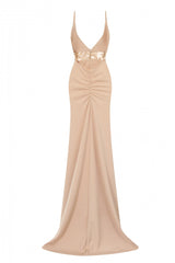 Shayla Nude Slinky Backless Fishtail Maxi Dress