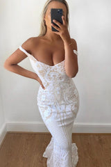 Layali White Nude Bardot Sweetheart Sequin Embellished Maxi Fishtail Dress