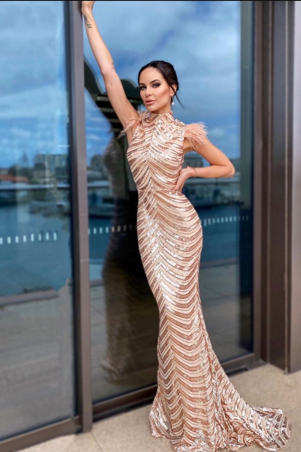 Power Vip Rose Gold Luxe Feather Shoulder Sequin Illusion Maxi Dress