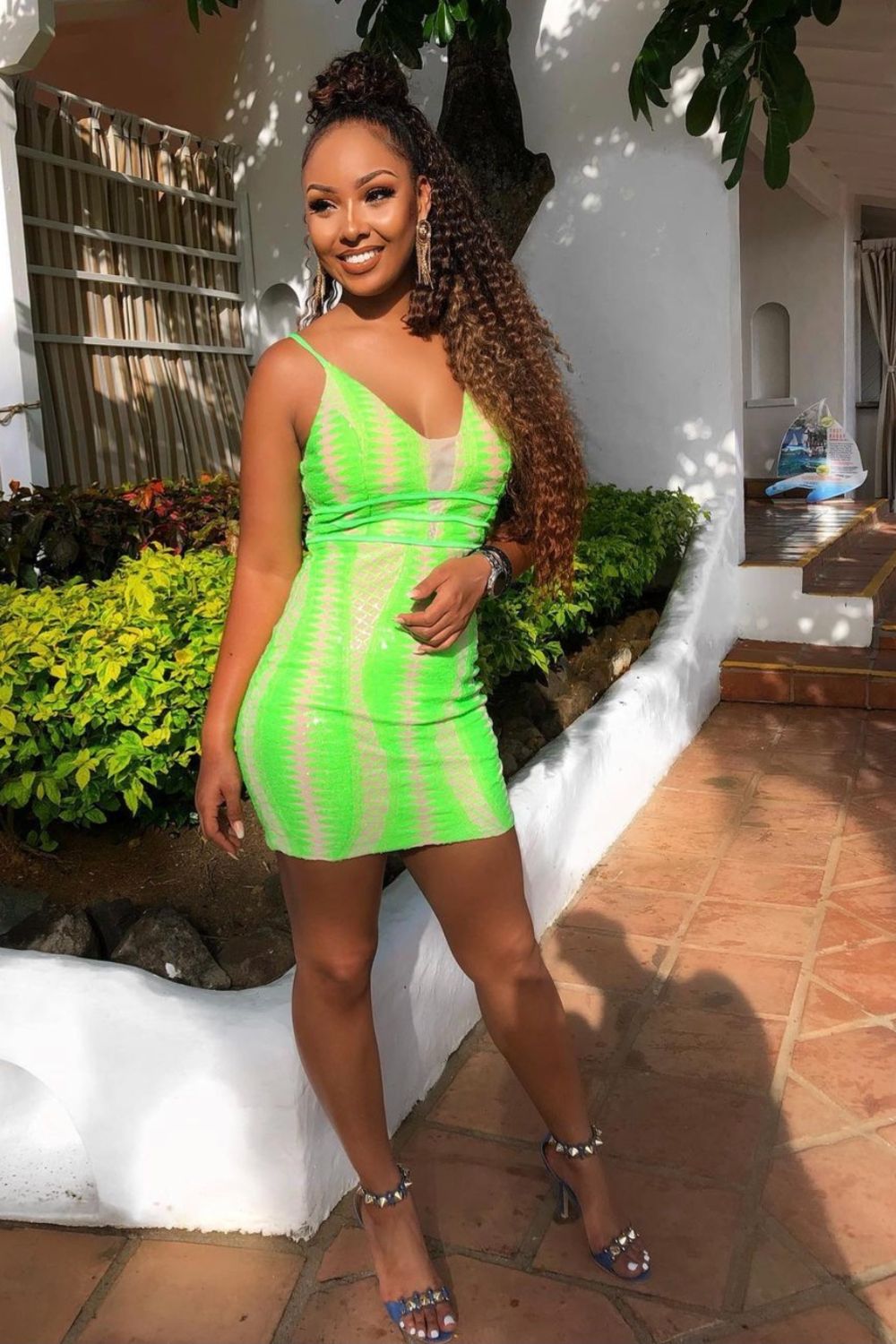 Limelight Neon Green Plunge Cage Sequin Bandage Illusion Mini Dress