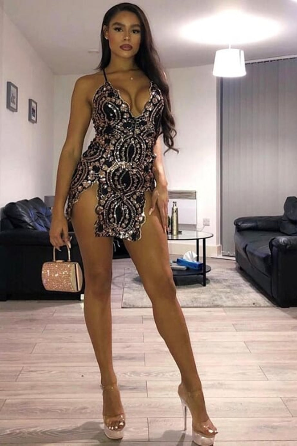 No Limit Black Rose Gold Plunge Floral Sequin Double Thigh Slit Mini Dress