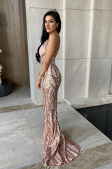 Last Dance Rose Gold Plunge Cage Sequin Bandage Illusion Fishtail Dress
