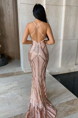 Last Dance Rose Gold Plunge Cage Sequin Bandage Illusion Fishtail Dress