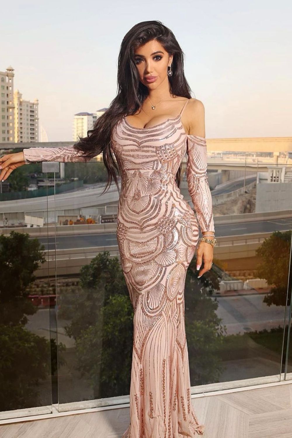 Vienna Rose Gold Luxe Tribal Vip Illusion Sequin Mermaid Maxi Dress