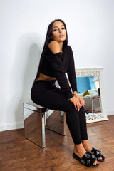 Trixie Black Woven Knitted Off The Shoulder Co-ord Lounge Set