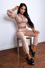 Ari Taupe Ribbed Waist Hoodie Tracksuit Set