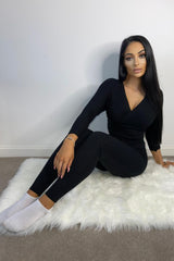 Jordyn Black Plunge Ribbed Cropped Co-ord Lounge Set