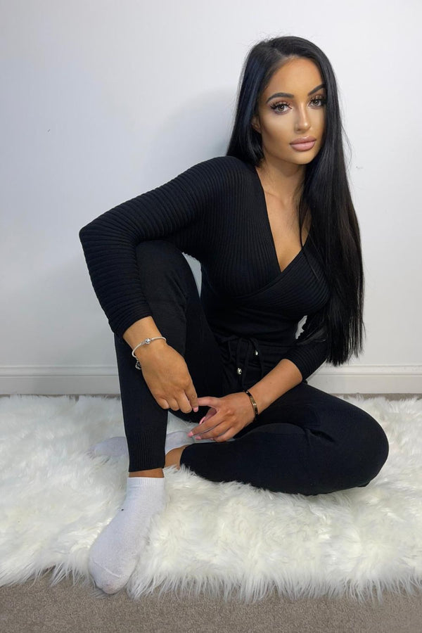 Jordyn Black Plunge Ribbed Cropped Co-ord Lounge Set