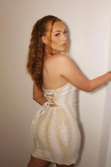 Tie Me Up White Nude Bandeau Cage Sequin Bandage Illusion Lace Up Dress