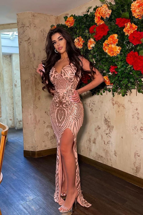 Angelika Rose Gold Luxe Sequin Embellished Off The Shoulder Maxi Slit Dress