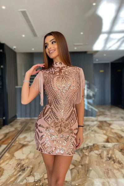 Kylie Vip Rose Gold Luxe Tassel Fringe Sequin Embellished Illusion