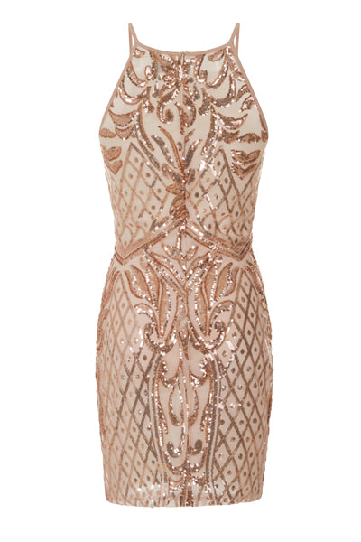 Tiara Rose Gold Sheer Sequin Embellished Transparent Mini Dress  Nazz  Collection