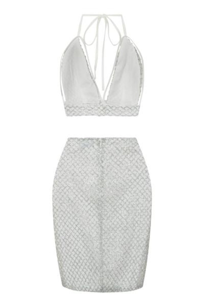 Monica White Silver Glitter Cut Out Two Piece Skirt Bralet Co Ord Set