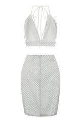 Monica White Silver Glitter Cut Out Two Piece Skirt Bralet Co Ord Set