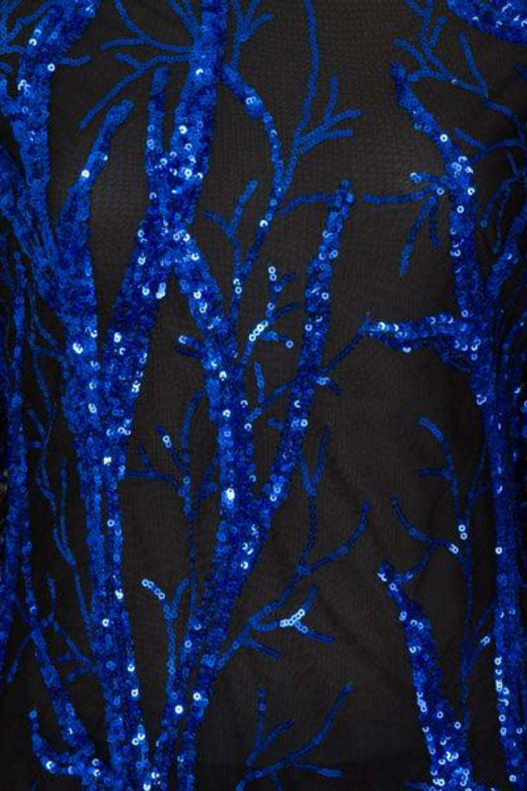 Jenny Black Transparent Blue Tree Luxe Sequin Turtle Neck Midi Dress