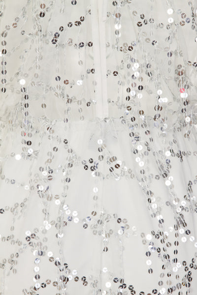 Lily White Sheer Plunge Silver Sequin Tassel Fringe Playsuit