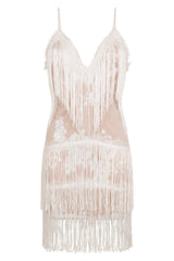Milan White Nude Plunge Floral Sequin Fringe Dress