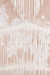 Milan White Nude Plunge Floral Sequin Fringe Dress