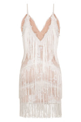 Milan White Nude Plunge Floral Sequin Fringe Dress