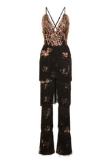 Peru Black Rose Gold Plunge Floral Sequin Fringe Jumpsuit