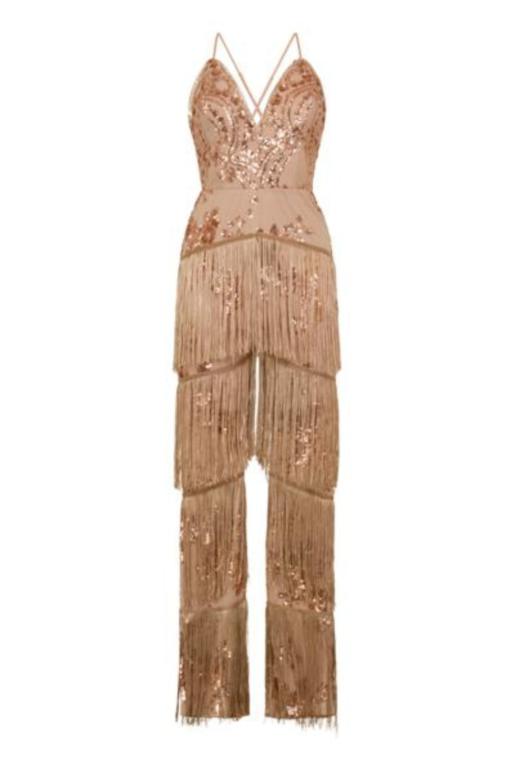 Peru Rose Gold Nude Plunge Floral Sequin Fringe Jumpsuit