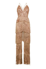 Peru Rose Gold Nude Plunge Floral Sequin Fringe Jumpsuit