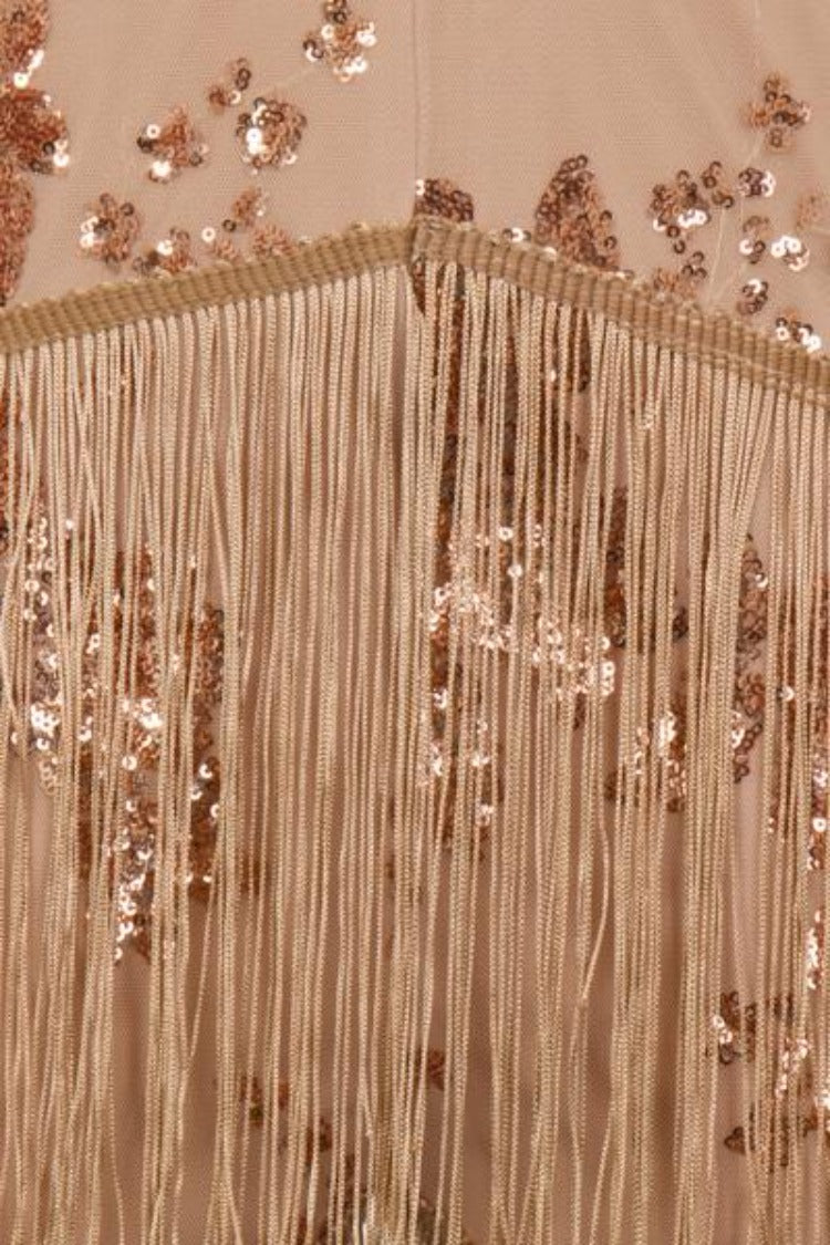 Peru Rose Gold Nude Plunge Floral Sequin Fringe Jumpsuit