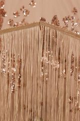 Peru Rose Gold Nude Plunge Floral Sequin Fringe Jumpsuit