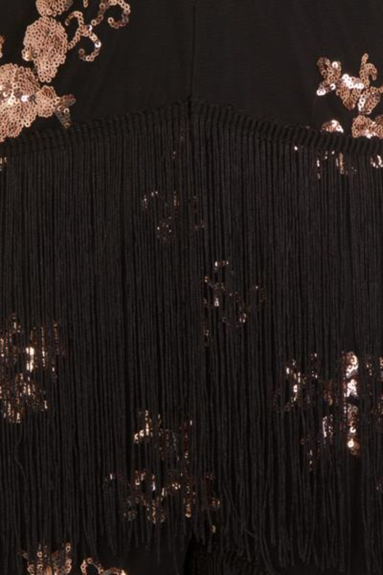 Peru Black Rose Gold Plunge Floral Sequin Fringe Jumpsuit