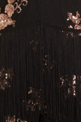 Peru Black Rose Gold Plunge Floral Sequin Fringe Jumpsuit