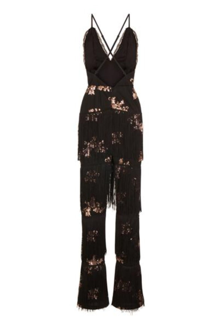 Peru Black Rose Gold Plunge Floral Sequin Fringe Jumpsuit