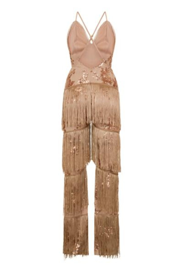 Peru Rose Gold Nude Plunge Floral Sequin Fringe Jumpsuit