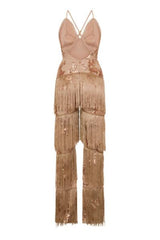 Peru Rose Gold Nude Plunge Floral Sequin Fringe Jumpsuit