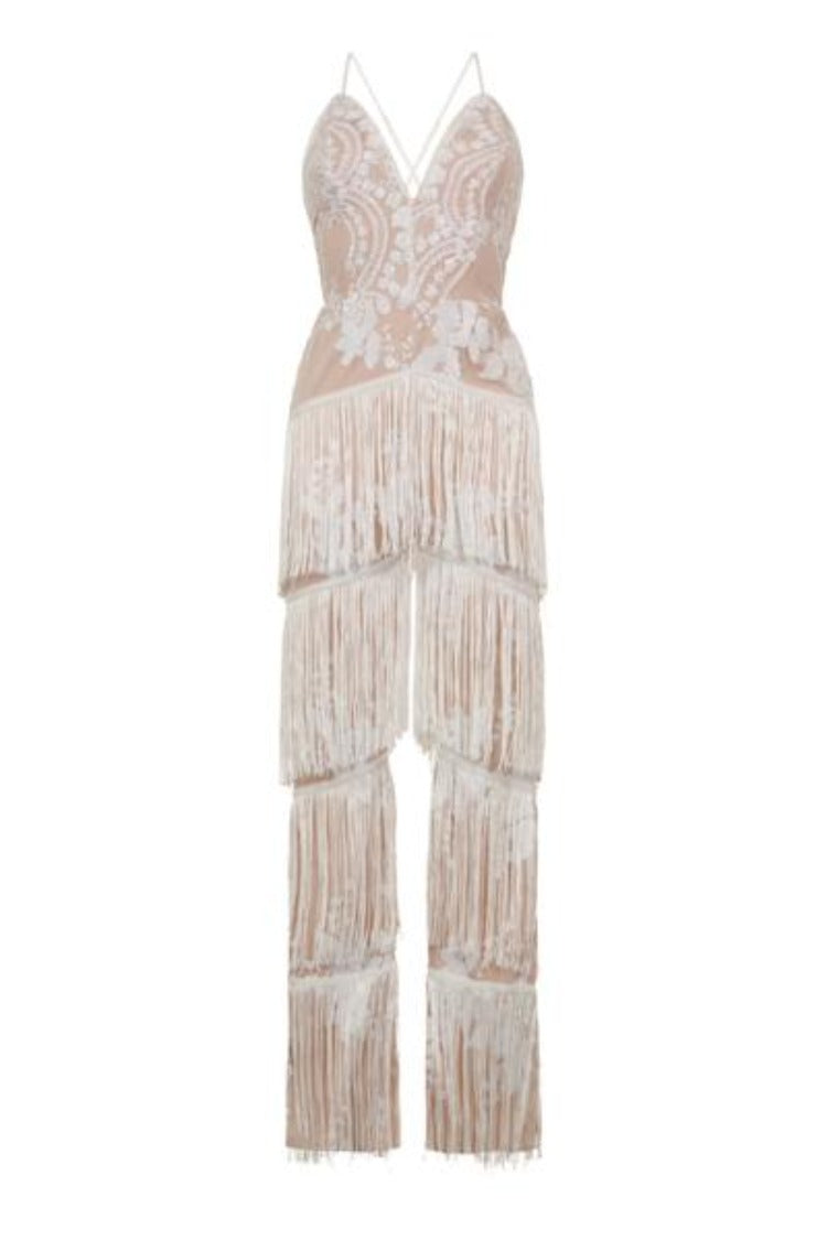 Peru White Nude Plunge Floral Sequin Fringe Jumpsuit