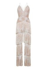 Peru White Nude Plunge Floral Sequin Fringe Jumpsuit